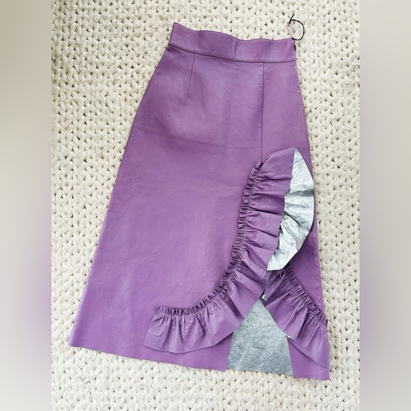 Miu Miu Dresses & Skirts - NEW Miu Miu Lavender Leather Midi Skirt with Silver Ruffle